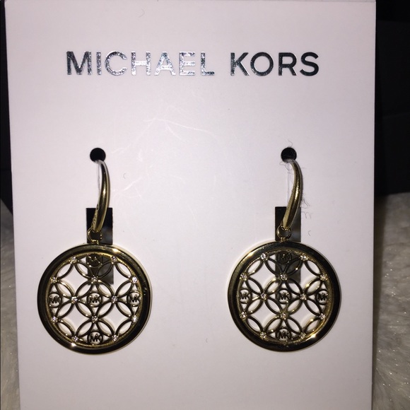 MK Monogram Gold Tone Drop Earrings Crystals - Picture 2 of 3